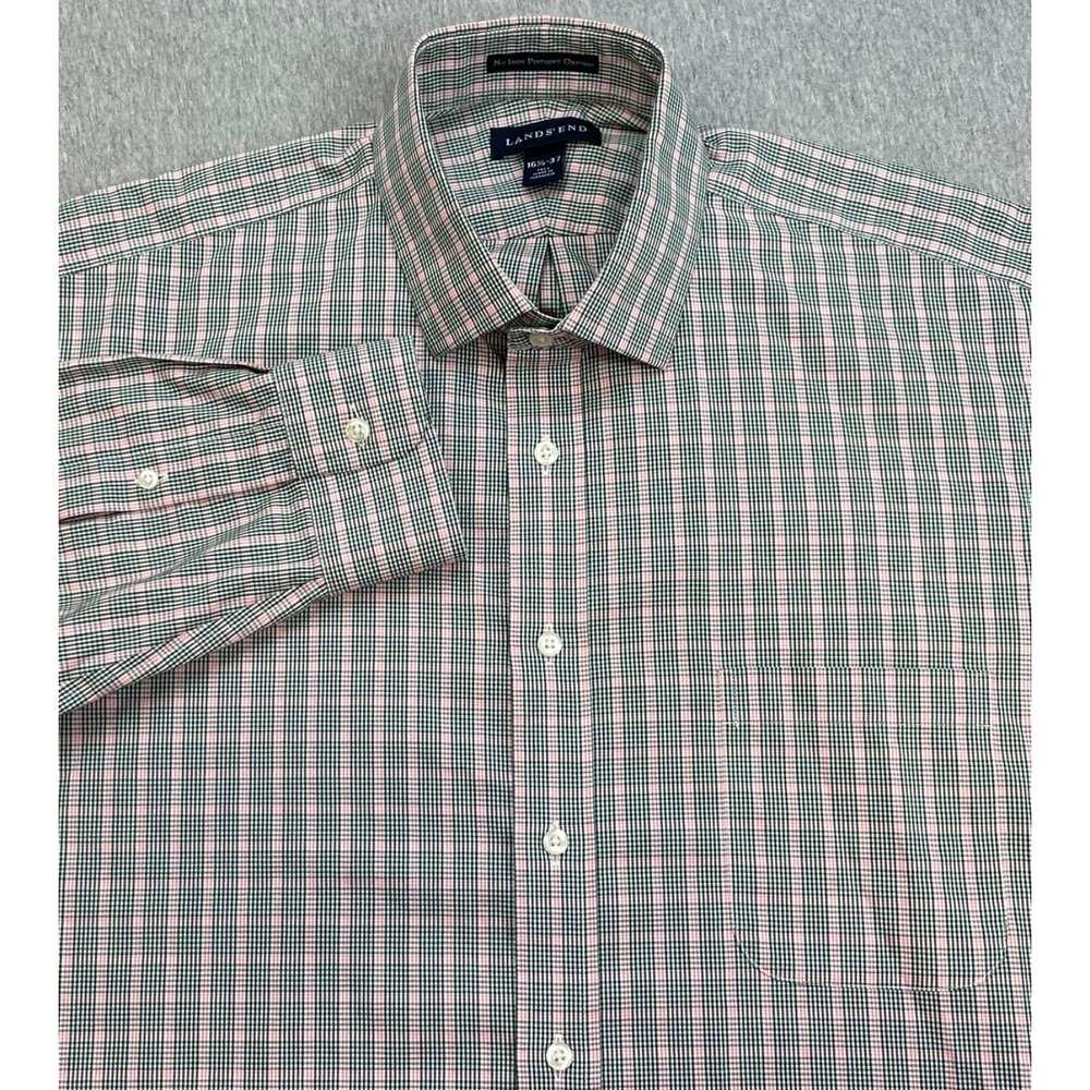 Lands End Shirt Mens 16.5 - 37 Tall Plaid 100% Cotton Pinpoint Oxford Button Up